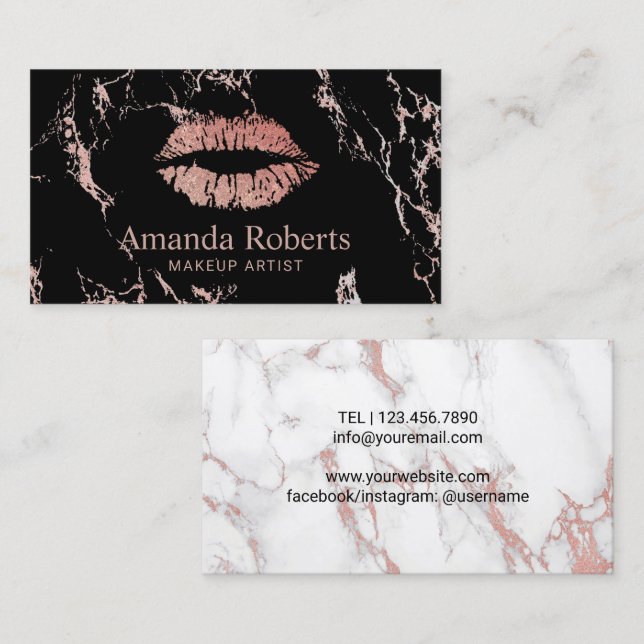 Makeup Artist Rose Gold Lips Trendy Marble Salon Business Card (Front/Back)