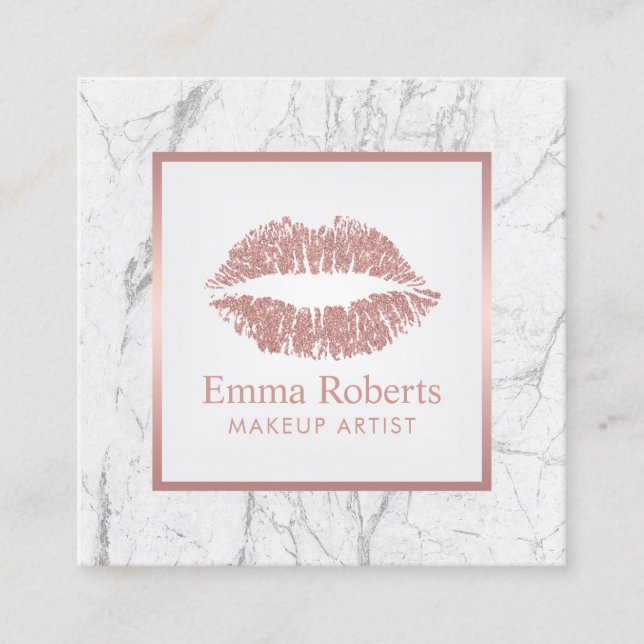 Makeup Artist Rose Gold Lips White Marble Square Business Card (Front)