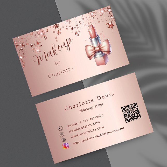 Makeup artist rose gold lipstick QR code Business Card (Creator Uploaded)