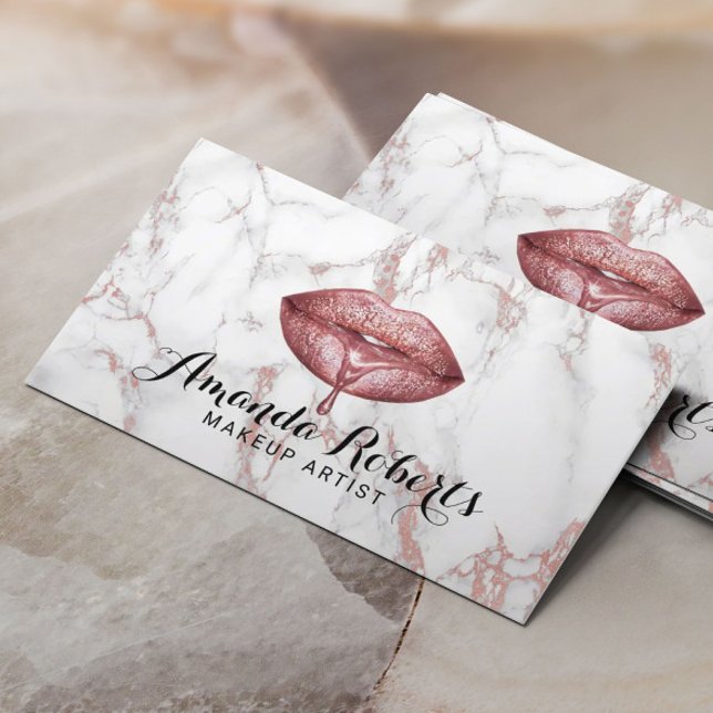 Makeup Artist Rose Gold Marble Glam Lips Salon Business Card (Creator Uploaded)