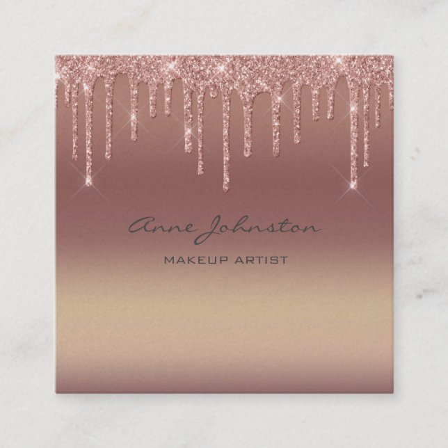 Makeup Artist Rose Gold Pink Glitter and Sparkle Square Business Card (Front)