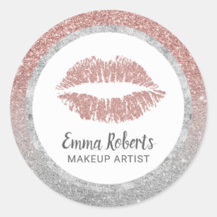 Makeup Artist Rose Gold Silver Glitter Lips Print Classic Round Sticker