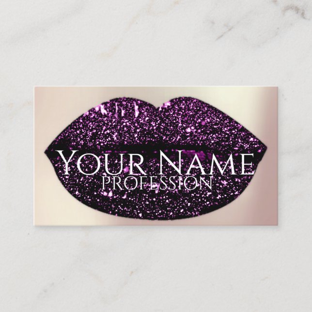 Makeup Artist Rose Kiss Lips Violet Glam Glitter Business Card (Front)