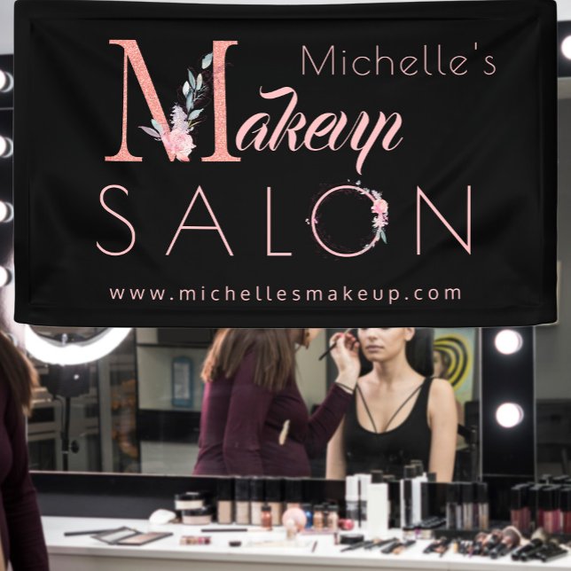 Makeup artist salon name chic floral pink black banner (Creator Uploaded)