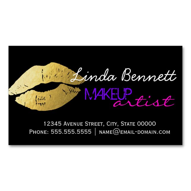 Makeup Artist - Sassy Gold Lips Dark Theme Style Magnetic Business Card (Front)