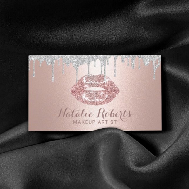 Makeup Artist Silver Drips Rose Gold Lips Salon Business Card (Creator Uploaded)