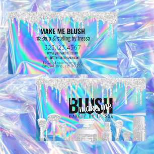 Makeup Artist Silver Glitter Drip Holographic Blue Business Card