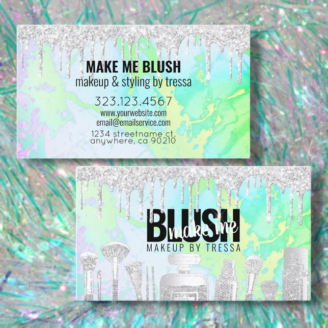 Makeup Artist Silver Glitter Drips Hologram Marble Business Card (Creator Uploaded)