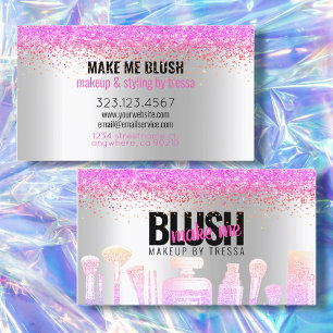 Makeup Artist Silver Glitter + Hot Pink Ombre Gems Business Card