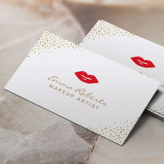 Makeup Artist Simple Red Lips Gold Confetti Dots Business Card (Creator Uploaded)