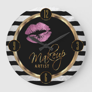 Makeup Artist So Pink Lips with White Stripes Large Clock