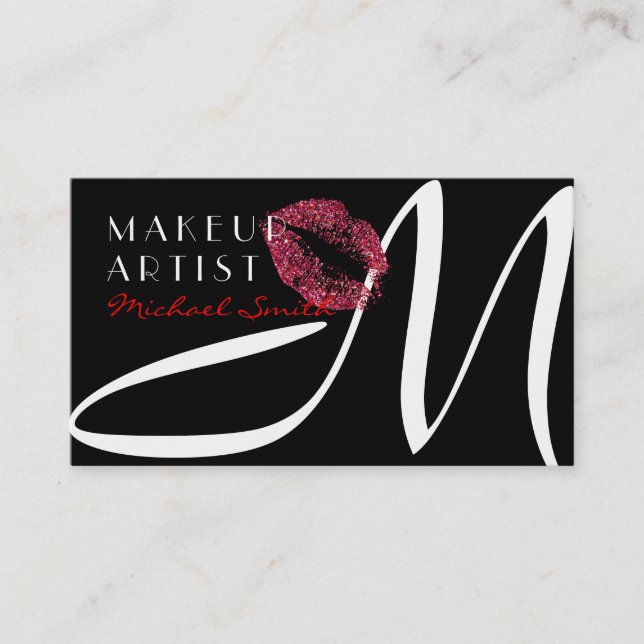 Makeup Artist Stylish Red Lips Monogram Business Card (Front)