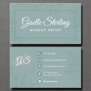 Makeup Artist Teal Floral Line Art Modern Script Business Card