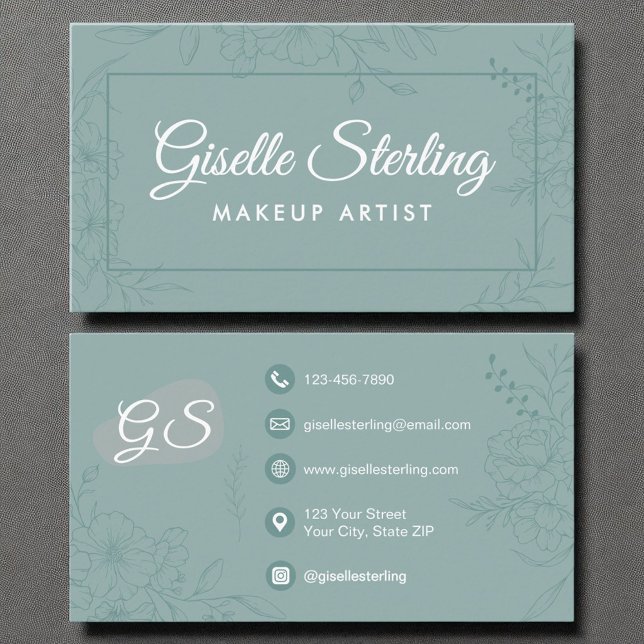 Makeup Artist Teal Floral Line Art Modern Script Business Card (Creator Uploaded)