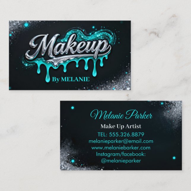 Makeup Artist Teal Silver Drips Trendy Glitter Business Card (Front/Back)