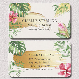 Makeup Artist Tropical Gold Brushed Watercolor Business Card