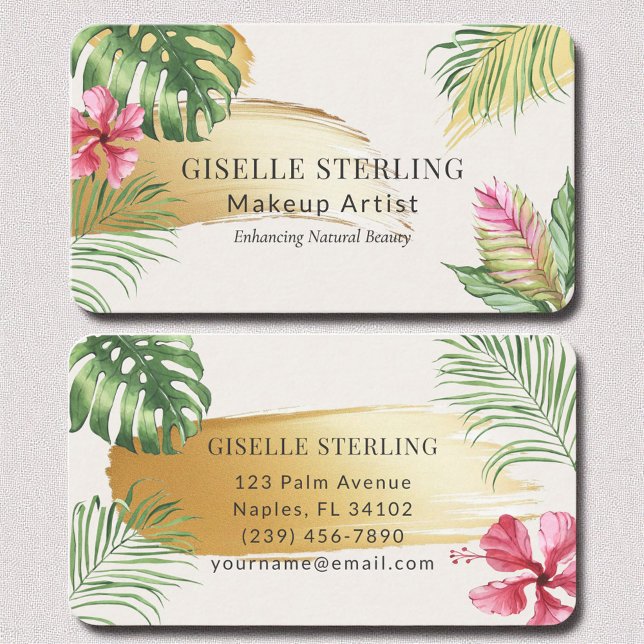 Makeup Artist Tropical Gold Brushed Watercolor Business Card (Creator Uploaded)
