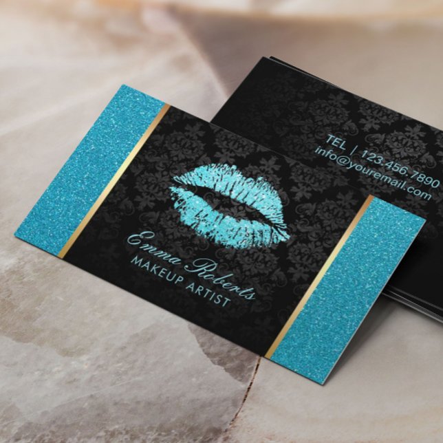 Makeup Artist Turquoise Glitter Lips Modern Salon Business Card (Creator Uploaded)