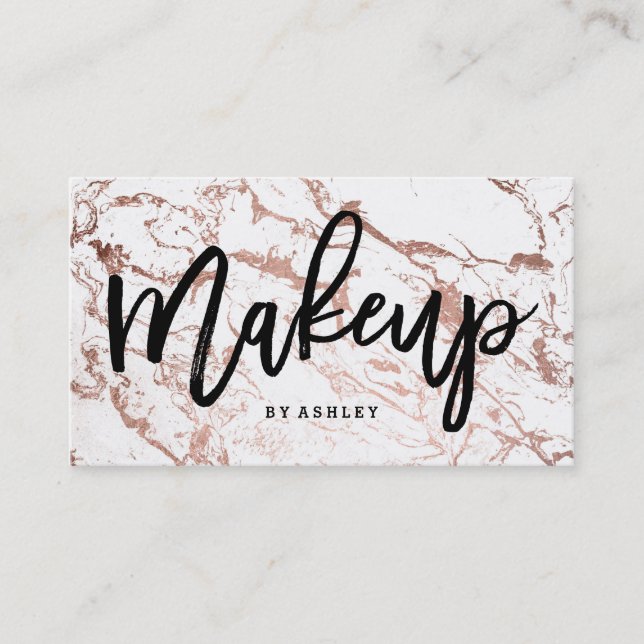 Makeup artist typography rose gold white marble business card (Front)