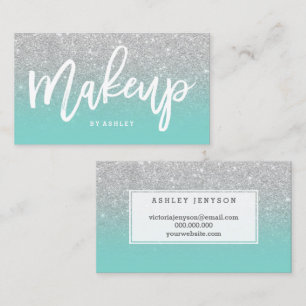 Makeup artist typography silver glitter turquoise business card