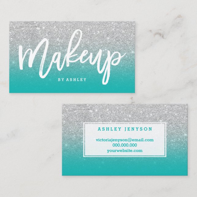 Makeup artist typography silver glitter turquoise business card (Front/Back)