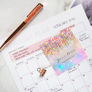 Makeup Artist Unicorn Rainbow Holograph Drips Square Business Card