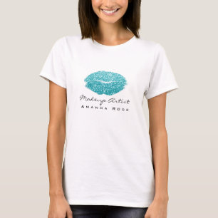 Makeup Artist White Kiss Lips Teal Ocean Glitter T-Shirt