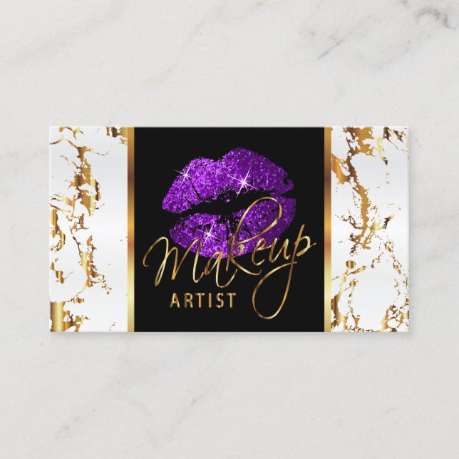 Makeup Artist - White Marble Gold Accents & Purple Business Card (Front)