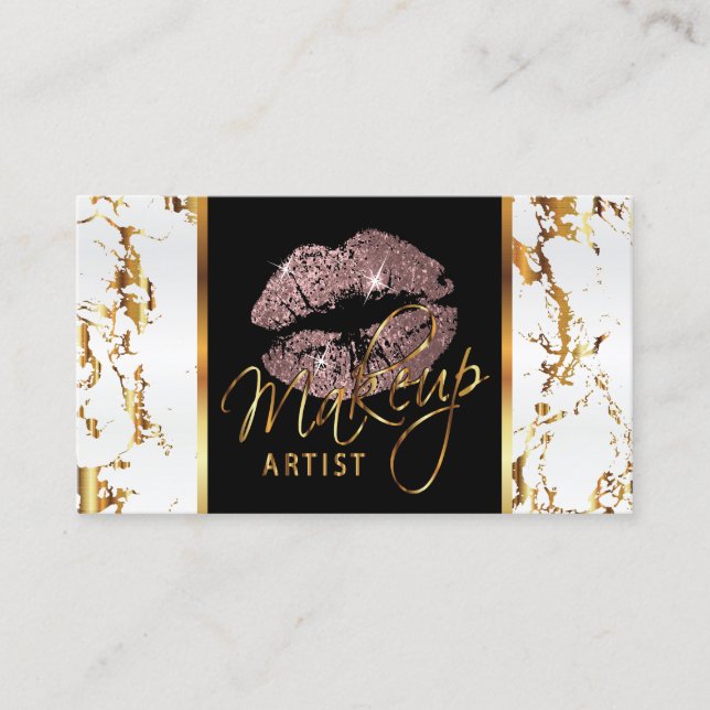 Makeup Artist - White Marble Gold Accents & Rose Business Card (Front)