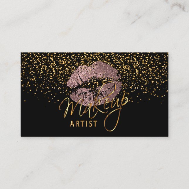 Makeup Artist with Gold Confetti & Dusty Rose Business Card (Front)