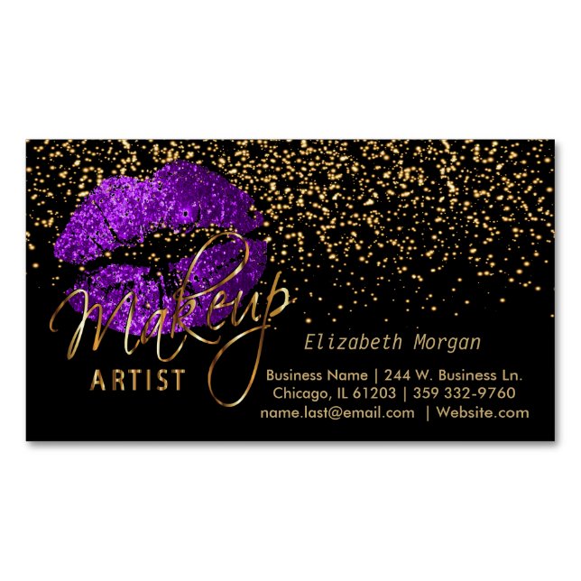 Makeup Artist with Gold Confetti & Purple Lips Magnetic Business Card (Front)