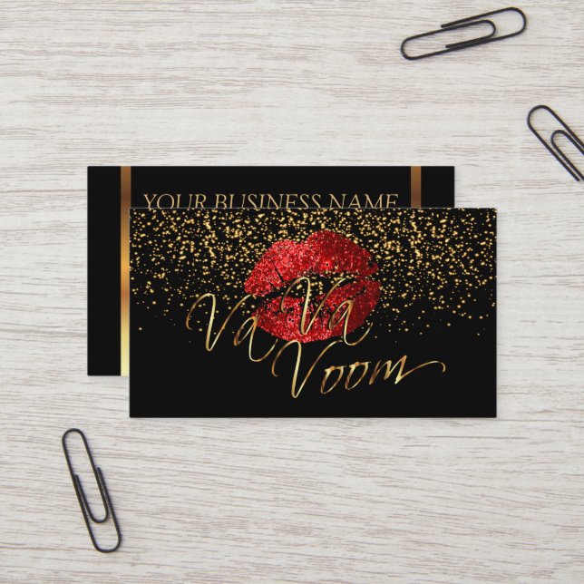 Makeup Artist with Gold Confetti & Red Lips Business Card (Front/Back In Situ)