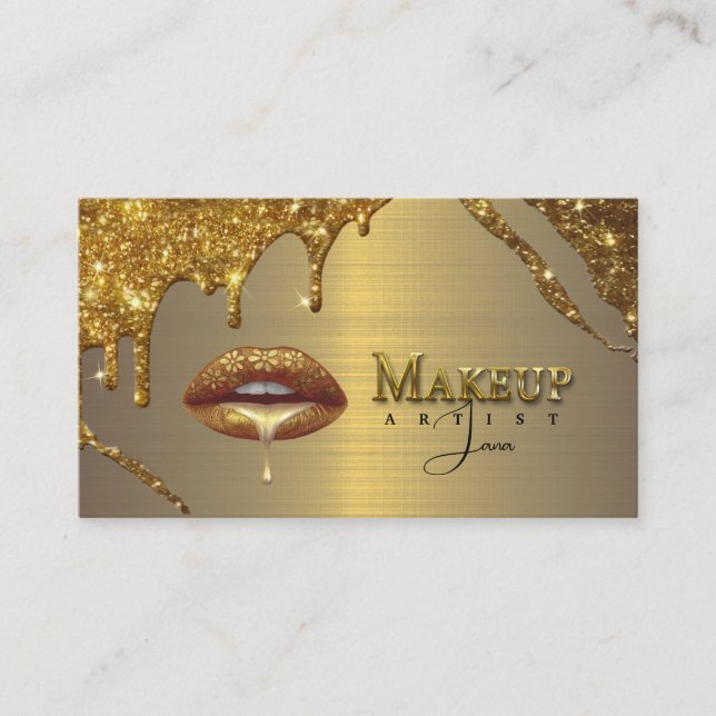 Makeup Artist With Gold Dripping Lips  Business Card (Front)
