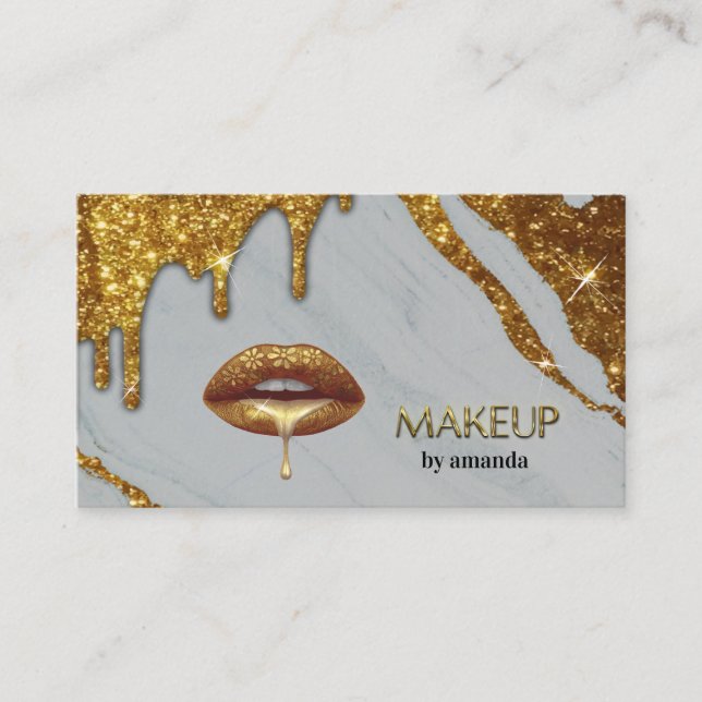 Makeup Artist with gold dripping lips marble Busin Business Card (Front)