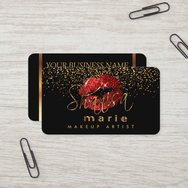 Makeup Artist with Gold & Red Lips Business Card (Front/Back In Situ)