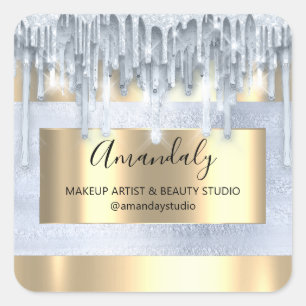 Makeup Beauty Glitter Gold Frame Boutique Blue  Square Sticker
