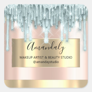 Makeup Beauty Glitter Gold Framed Boutique Blue Square Sticker