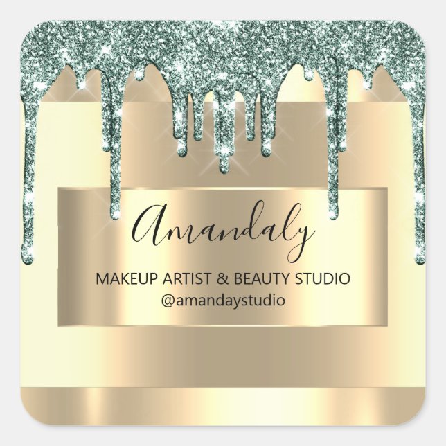 Makeup Beauty Glitter Gold Framed Boutique Mint Square Sticker (Front)
