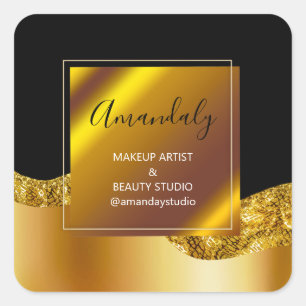 Makeup Beauty Glitter Thank Gold Black Square Sticker