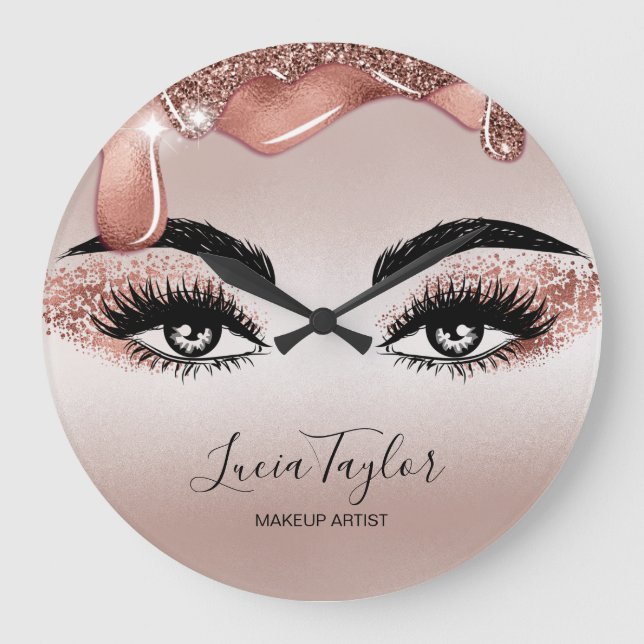 Makeup Beauty Lashes Rose Gold Drips Glitter Large Clock (Front)