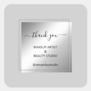 Makeup Beauty Shop Thank Silver Frame Grey Grey Square Sticker