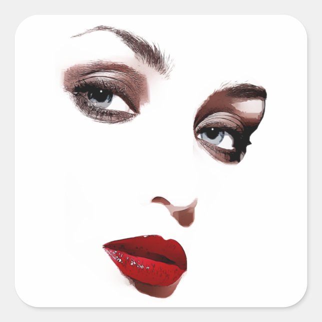 makeup beauty womans face blue eyes red lips art square sticker (Front)