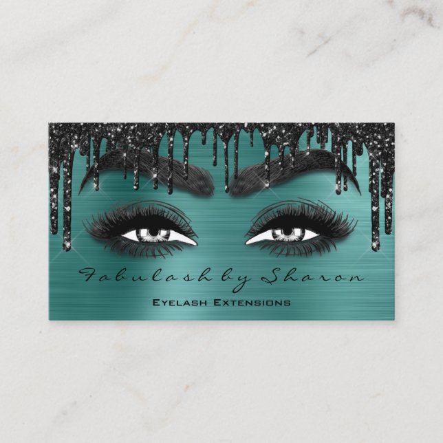 Makeup Brow Eyelash Extension QR Code Drips Teal Business Card (Front)