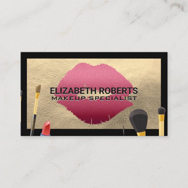 Makeup Brushes | Leather | Lipstick Kiss Business Card (Front)