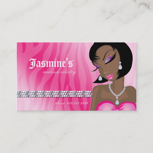 Makeup Business Card African American Zebra Pink (Front)