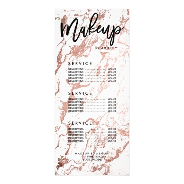 Makeup chic typography rose gold marble price list rack card (Front)