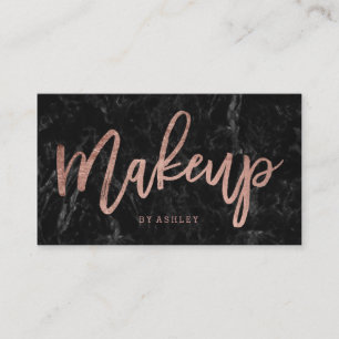Makeup elegant faux rose gold script black marble business card