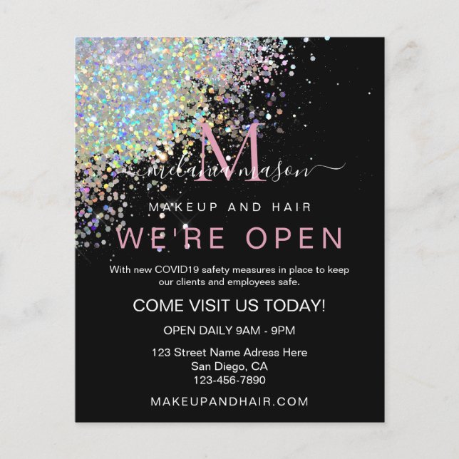 Makeup Elegant Holographic Rose Gold Glitter Black Flyer (Front)