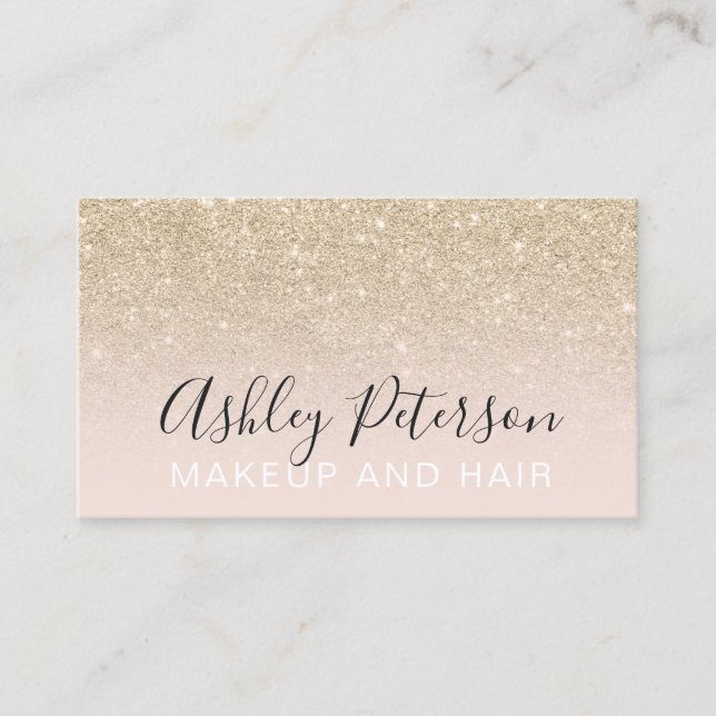 Makeup elegant typography blush light gold glitter business card (Front)