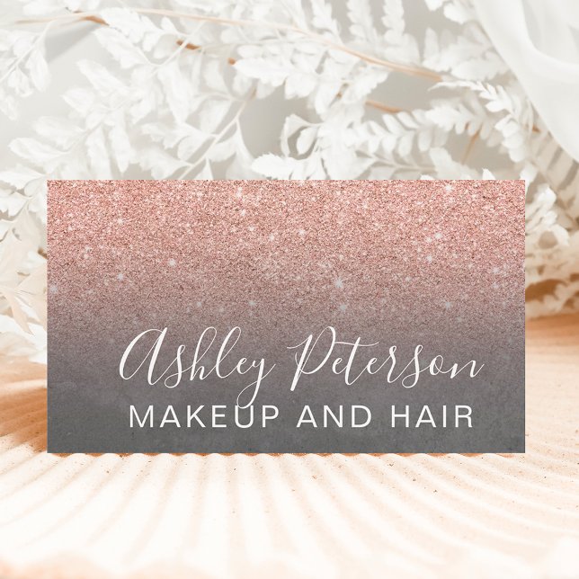 Makeup elegant typography grey rose gold glitter business card (Creator Uploaded)
